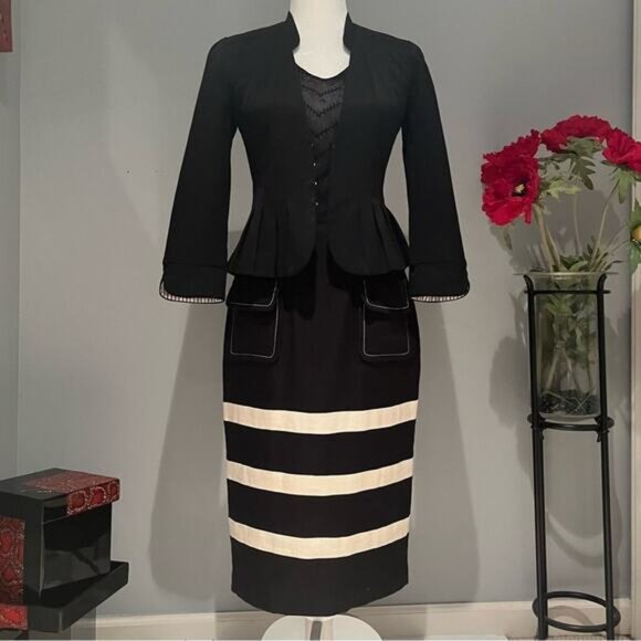 NEW Linen Skirt Suit Striped Pencil Skirt Sz 4 Pleated Peplum Blazer Sz 0 NWOT - Picture 12 of 16
